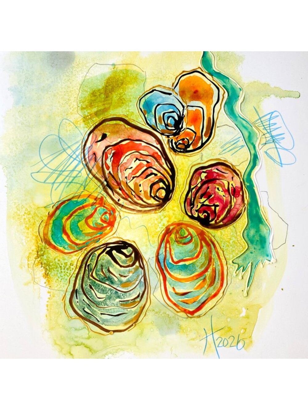 Gathering 2 Original Abstract Oysters Mixed Media Painting 11x14in Matted